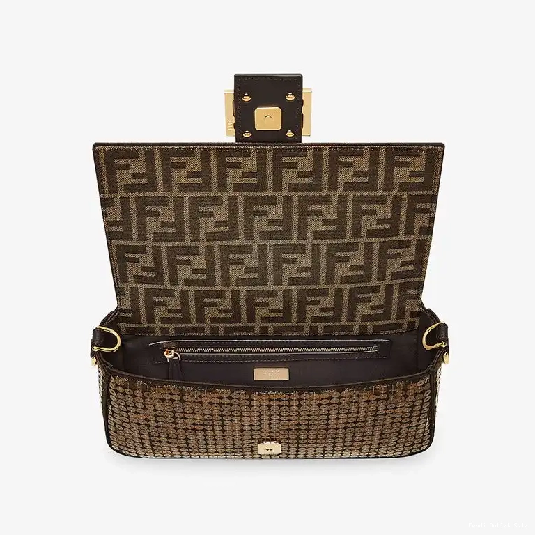 Affordable Fendi Bag Brown Medium FF Sequins Baguette Fabric with In Motif 0524